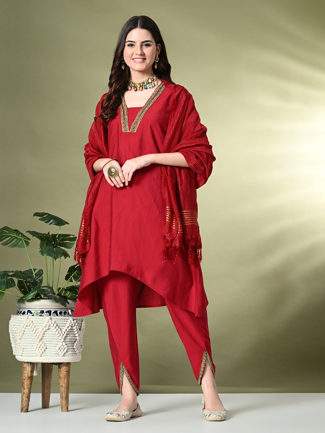 Myshka Women's Solid V-Neck Bell Sleeves Kurta & Dhoti Pants With Dupatta Sets in Red Color | Grocsy