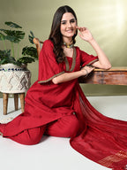 Myshka Women's Solid V-Neck Bell Sleeves Kurta & Dhoti Pants With Dupatta Sets in Red Color | Grocsy