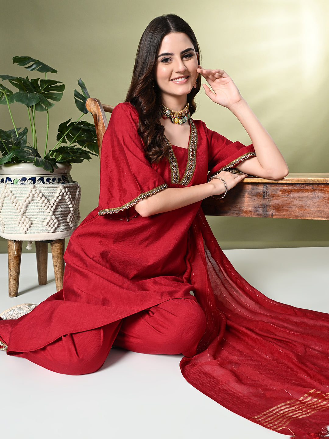 Myshka Women's Solid V-Neck Bell Sleeves Kurta & Dhoti Pants With Dupatta Sets in Red Color | Grocsy