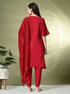 Myshka Women's Solid V-Neck Bell Sleeves Kurta & Dhoti Pants With Dupatta Sets in Red Color | Grocsy