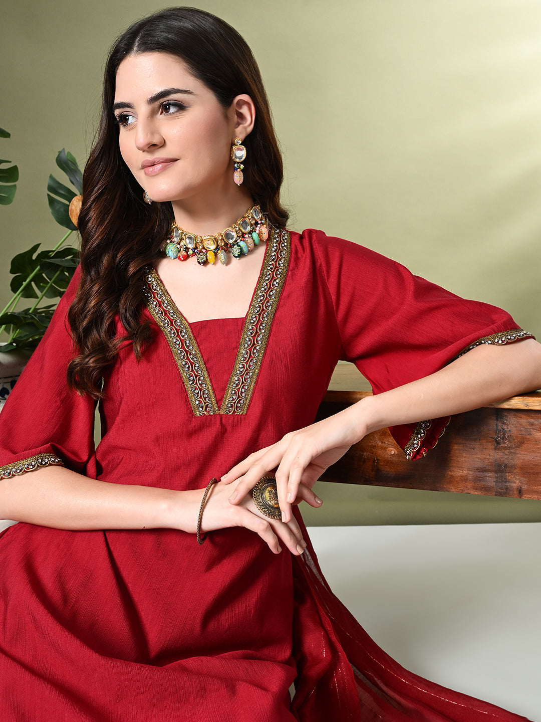 Myshka Women's Solid V-Neck Bell Sleeves Kurta & Dhoti Pants With Dupatta Sets in Red Color | Grocsy