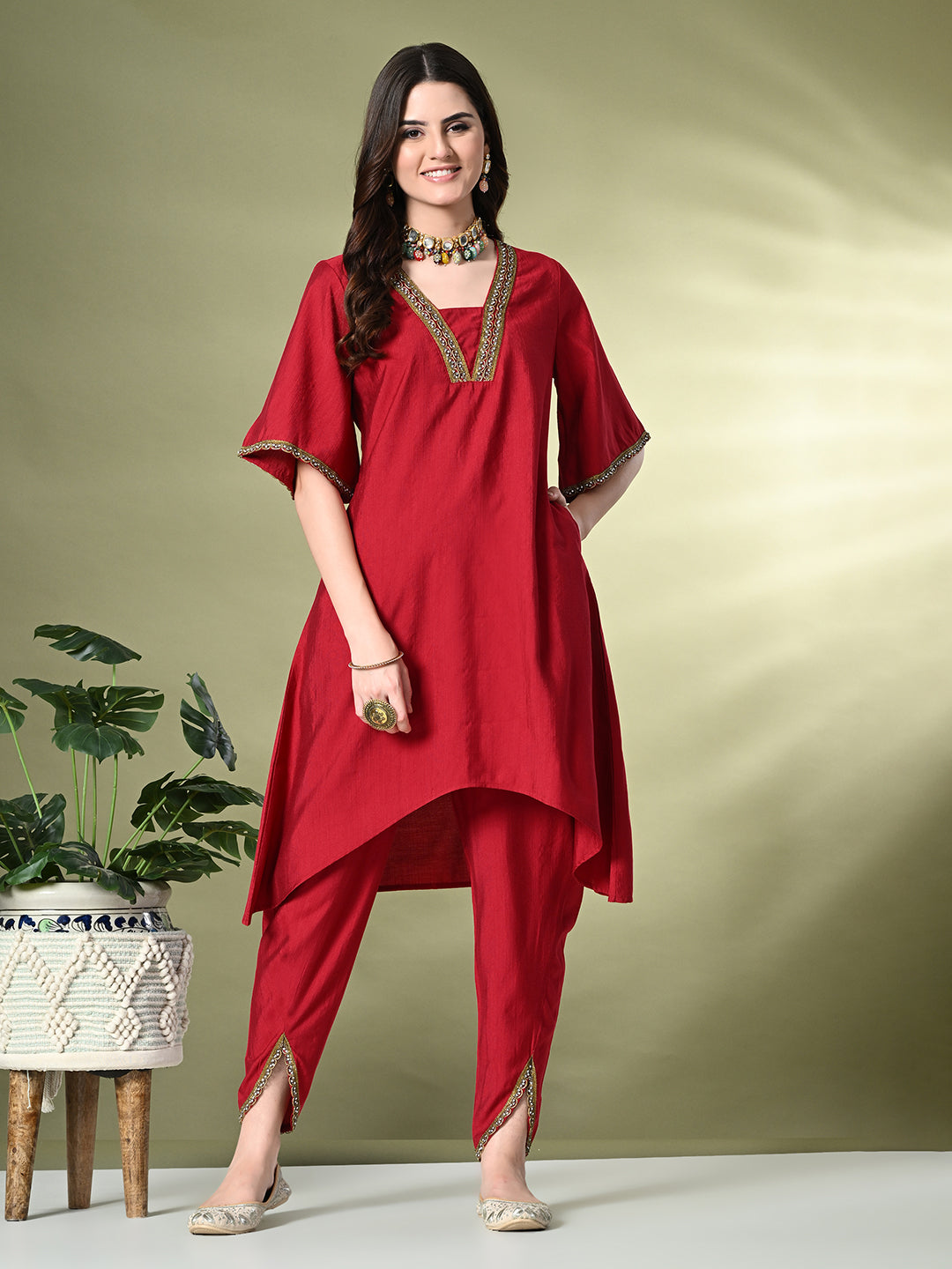 Myshka Women's Solid V-Neck Bell Sleeves Kurta & Dhoti Pants With Dupatta Sets in Red Color | Grocsy