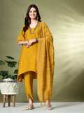 Myshka Women's Solid V-Neck Bell Sleeves Kurta & Dhoti Pants With Dupatta Sets in Mustard Color | Grocsy