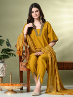 Myshka Women's Solid V-Neck Bell Sleeves Kurta & Dhoti Pants With Dupatta Sets in Mustard Color | Grocsy