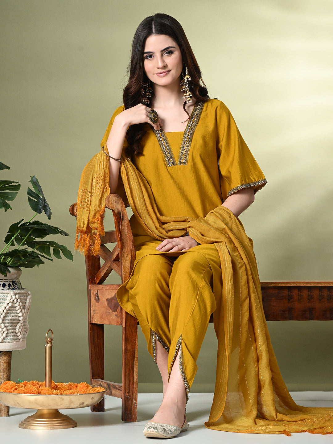 Myshka Women's Solid V-Neck Bell Sleeves Kurta & Dhoti Pants With Dupatta Sets in Mustard Color | Grocsy
