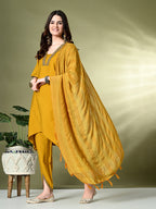Myshka Women's Solid V-Neck Bell Sleeves Kurta & Dhoti Pants With Dupatta Sets in Mustard Color | Grocsy