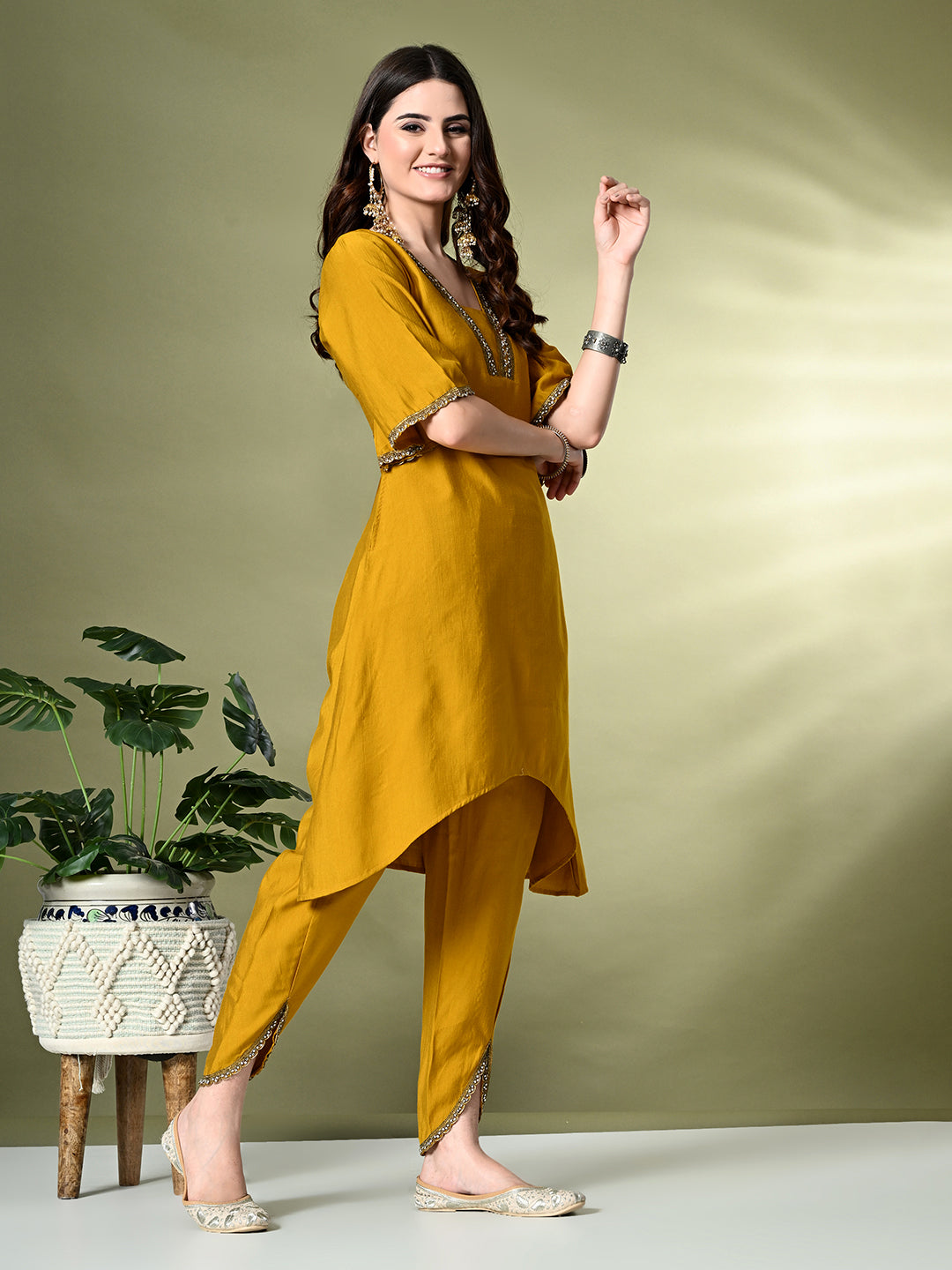 Myshka Women's Solid V-Neck Bell Sleeves Kurta & Dhoti Pants With Dupatta Sets in Mustard Color | Grocsy