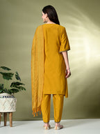 Myshka Women's Solid V-Neck Bell Sleeves Kurta & Dhoti Pants With Dupatta Sets in Mustard Color | Grocsy