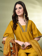 Myshka Women's Solid V-Neck Bell Sleeves Kurta & Dhoti Pants With Dupatta Sets in Mustard Color | Grocsy