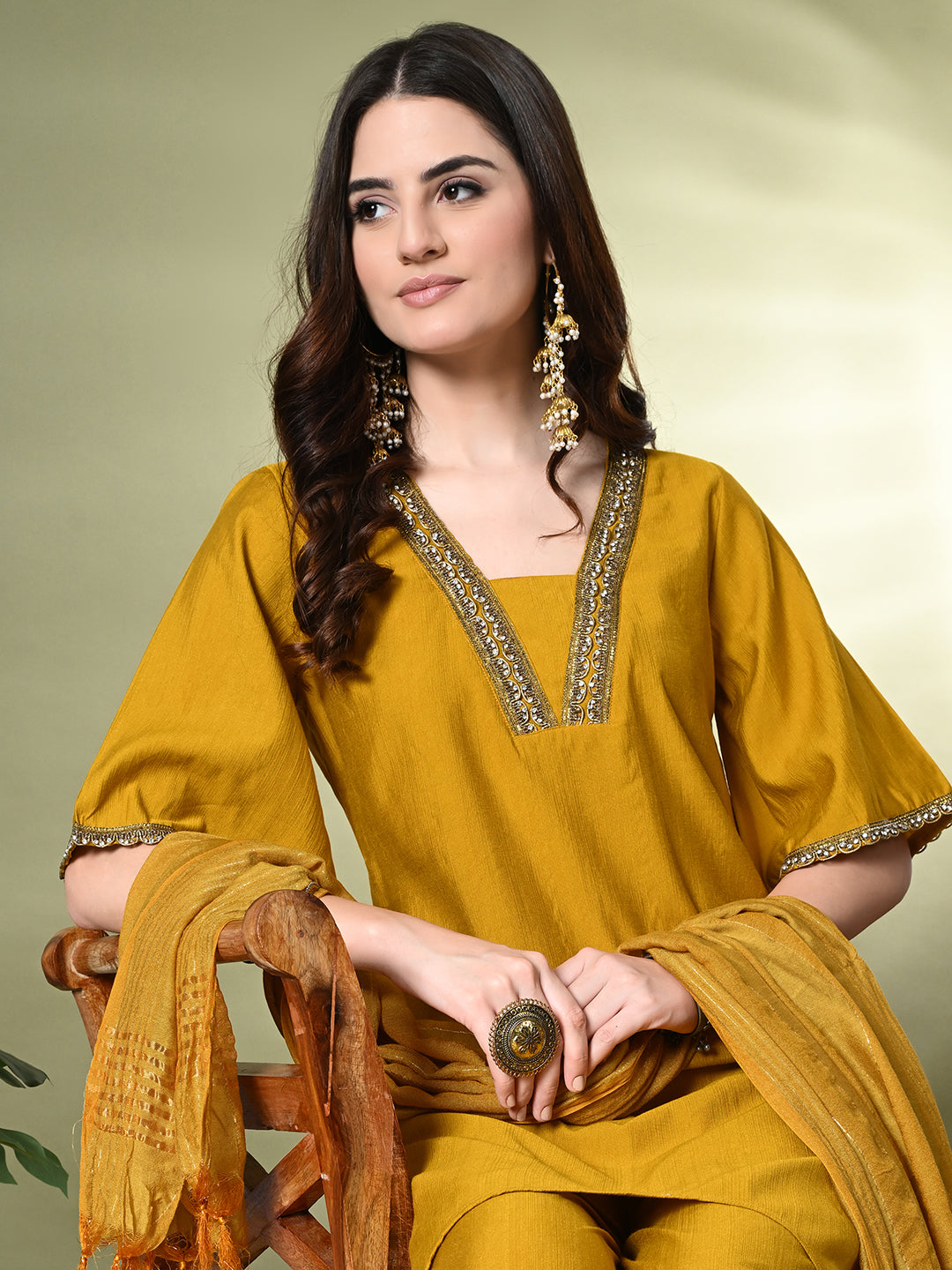 Myshka Women's Solid V-Neck Bell Sleeves Kurta & Dhoti Pants With Dupatta Sets in Mustard Color | Grocsy