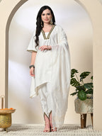 Myshka Women's Solid V-Neck Bell Sleeves Kurta & Dhoti Pants With Dupatta Sets in White Color | Grocsy