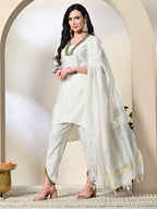 Myshka Women's Solid V-Neck Bell Sleeves Kurta & Dhoti Pants With Dupatta Sets in White Color | Grocsy
