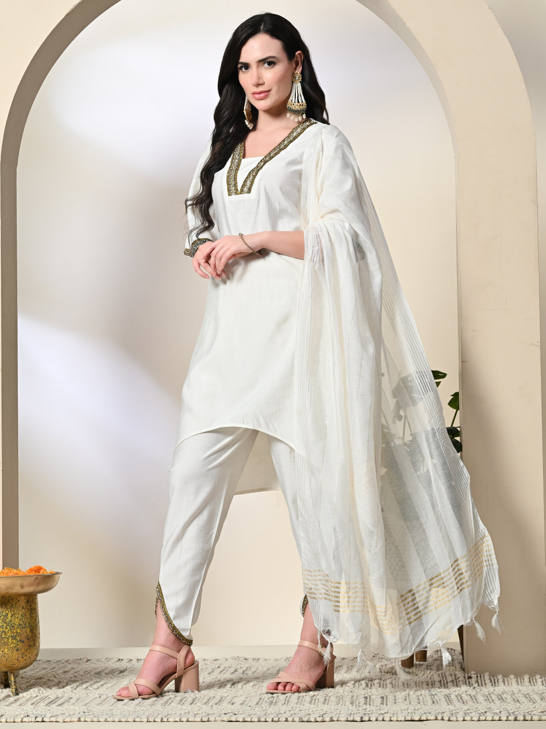Myshka Women's Solid V-Neck Bell Sleeves Kurta & Dhoti Pants With Dupatta Sets in White Color | Grocsy