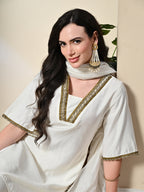Myshka Women's Solid V-Neck Bell Sleeves Kurta & Dhoti Pants With Dupatta Sets in White Color | Grocsy