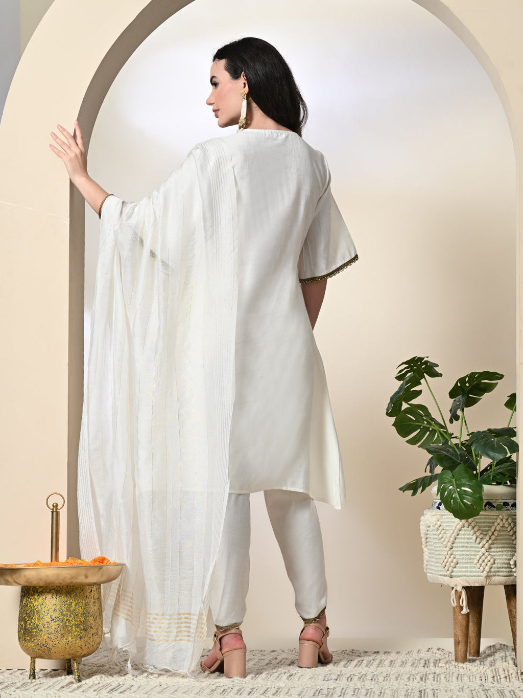 Myshka Women's Solid V-Neck Bell Sleeves Kurta & Dhoti Pants With Dupatta Sets in White Color | Grocsy