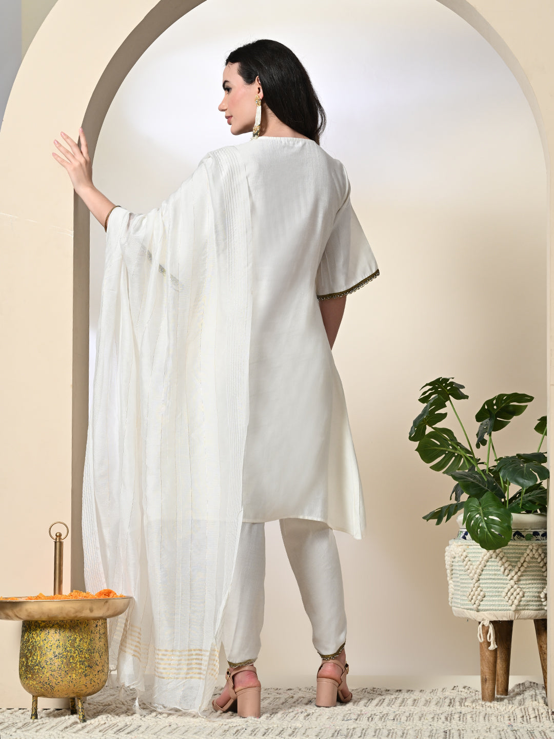 Myshka Women's Solid V-Neck Bell Sleeves Kurta & Dhoti Pants With Dupatta Sets in White Color | Grocsy