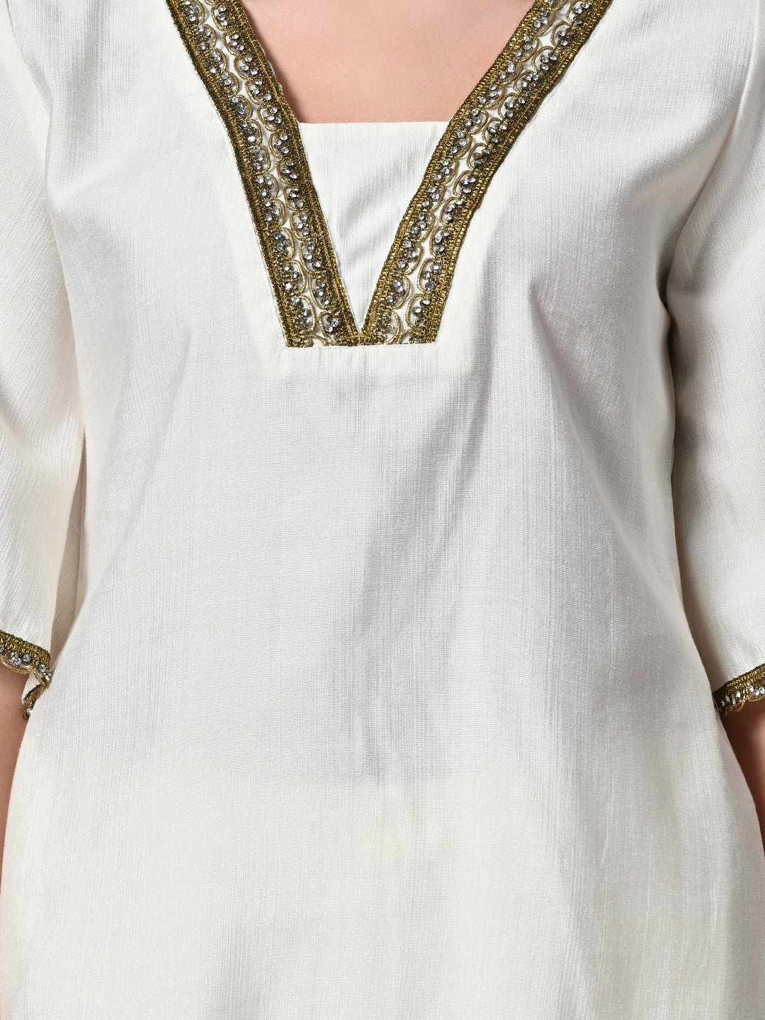 Myshka Women's Solid V-Neck Bell Sleeves Kurta & Dhoti Pants With Dupatta Sets in White Color | Grocsy