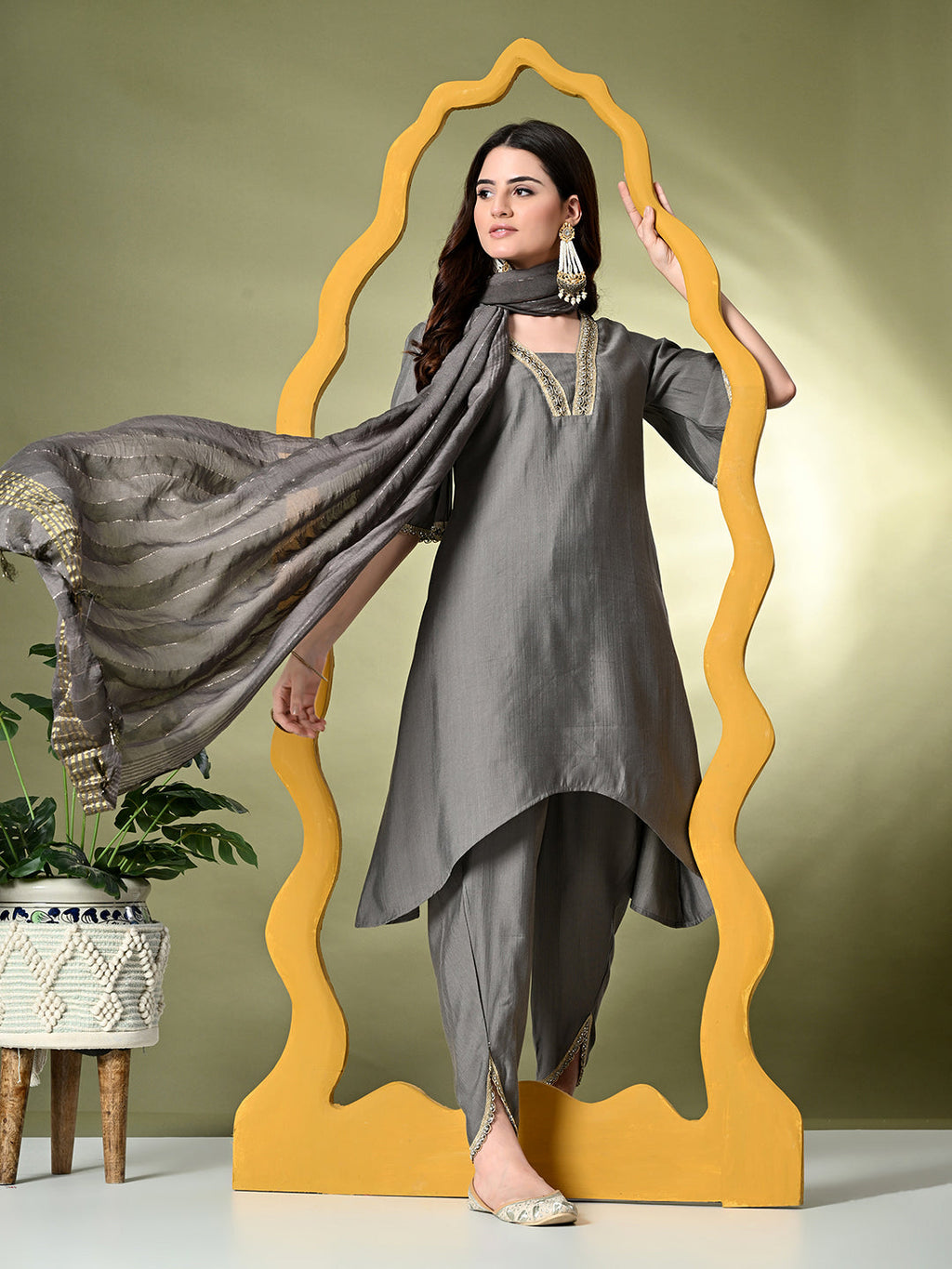 Myshka Women's Solid V-Neck Bell Sleeves Kurta & Dhoti Pants With Dupatta Sets in Grey Color | Grocsy
