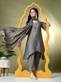 Myshka Women's Solid V-Neck Bell Sleeves Kurta & Dhoti Pants With Dupatta Sets in Grey Color | Grocsy