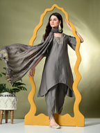 Myshka Women's Solid V-Neck Bell Sleeves Kurta & Dhoti Pants With Dupatta Sets in Grey Color | Grocsy