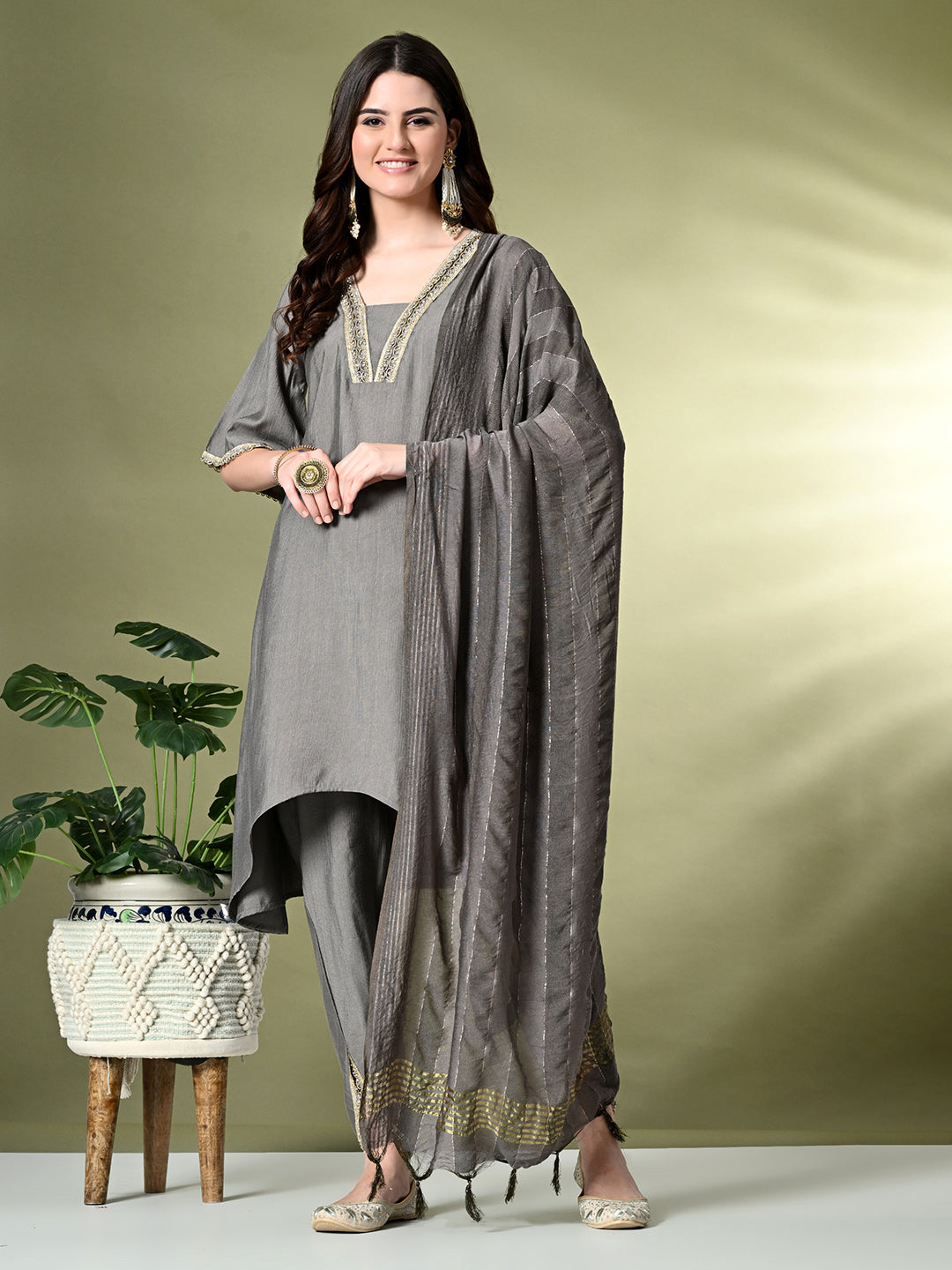 Myshka Women's Solid V-Neck Bell Sleeves Kurta & Dhoti Pants With Dupatta Sets in Grey Color | Grocsy