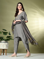 Myshka Women's Solid V-Neck Bell Sleeves Kurta & Dhoti Pants With Dupatta Sets in Grey Color | Grocsy