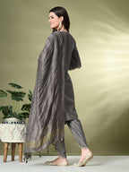 Myshka Women's Solid V-Neck Bell Sleeves Kurta & Dhoti Pants With Dupatta Sets in Grey Color | Grocsy