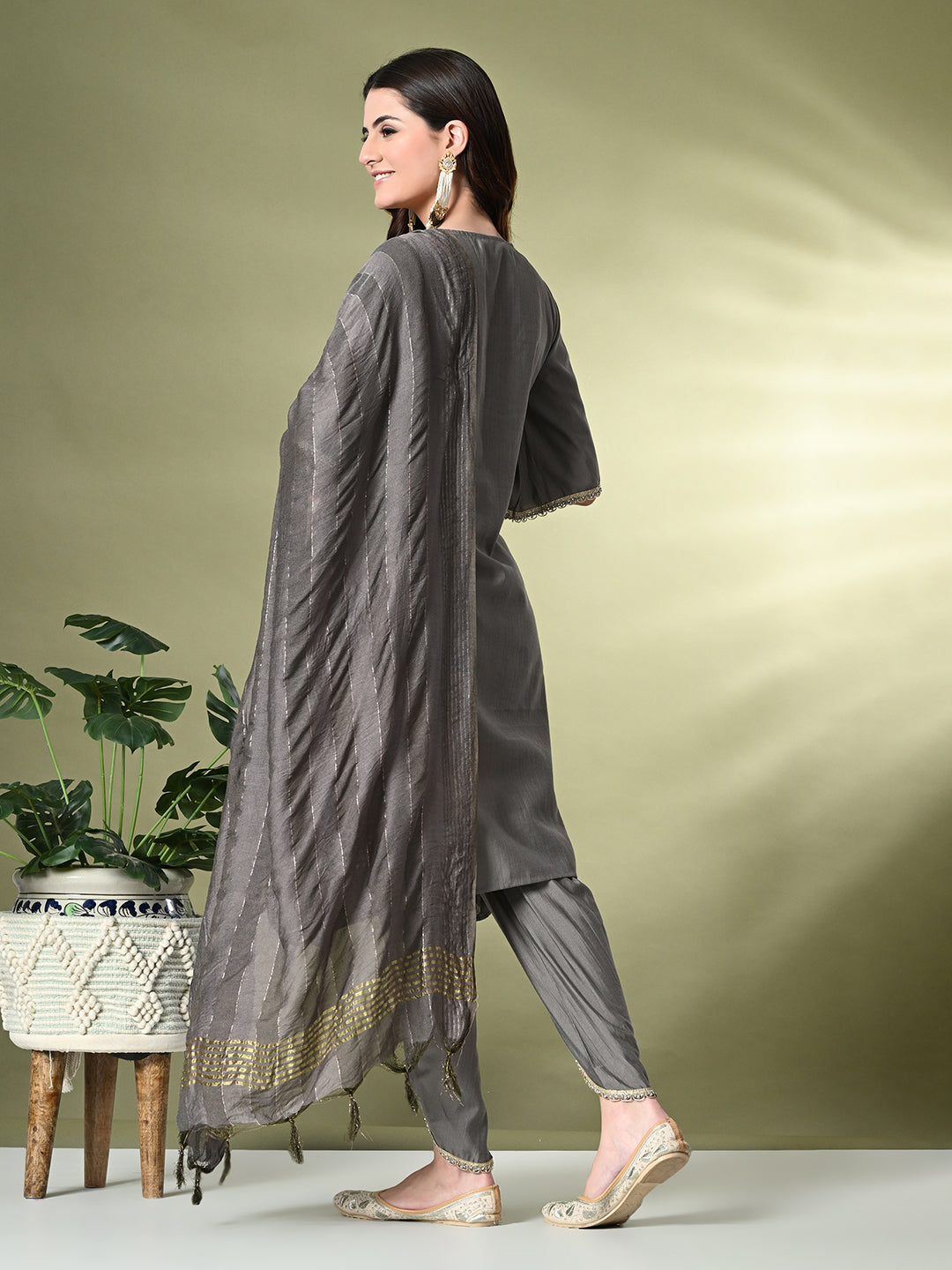 Myshka Women's Solid V-Neck Bell Sleeves Kurta & Dhoti Pants With Dupatta Sets in Grey Color | Grocsy