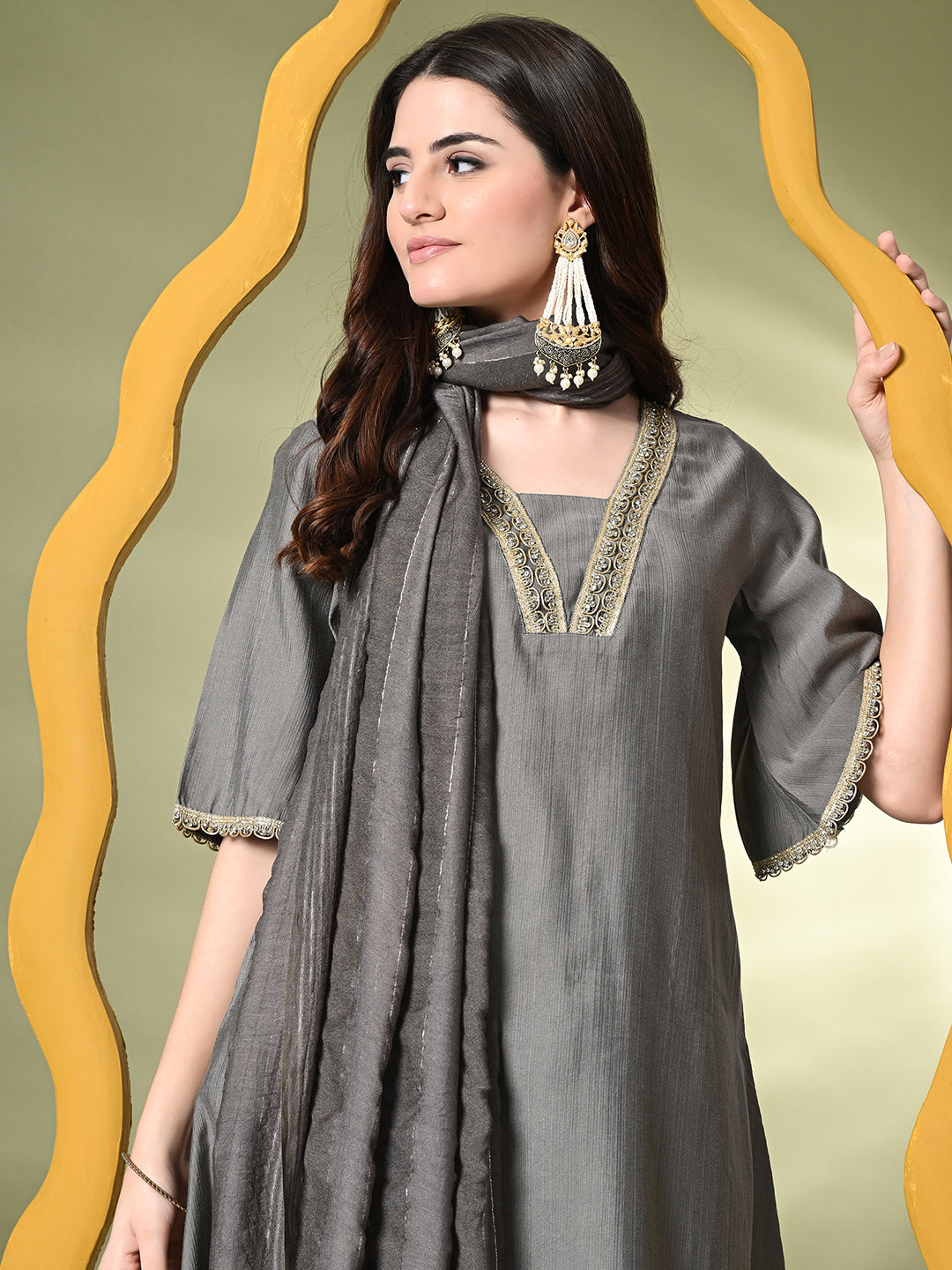 Myshka Women's Solid V-Neck Bell Sleeves Kurta & Dhoti Pants With Dupatta Sets in Grey Color | Grocsy