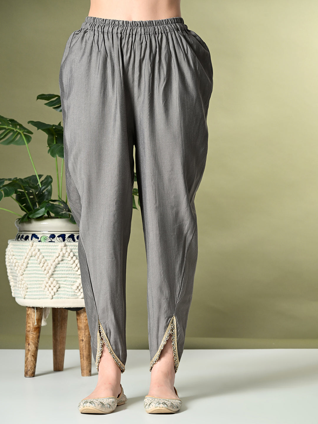 Myshka Women's Solid V-Neck Bell Sleeves Kurta & Dhoti Pants With Dupatta Sets in Grey Color | Grocsy