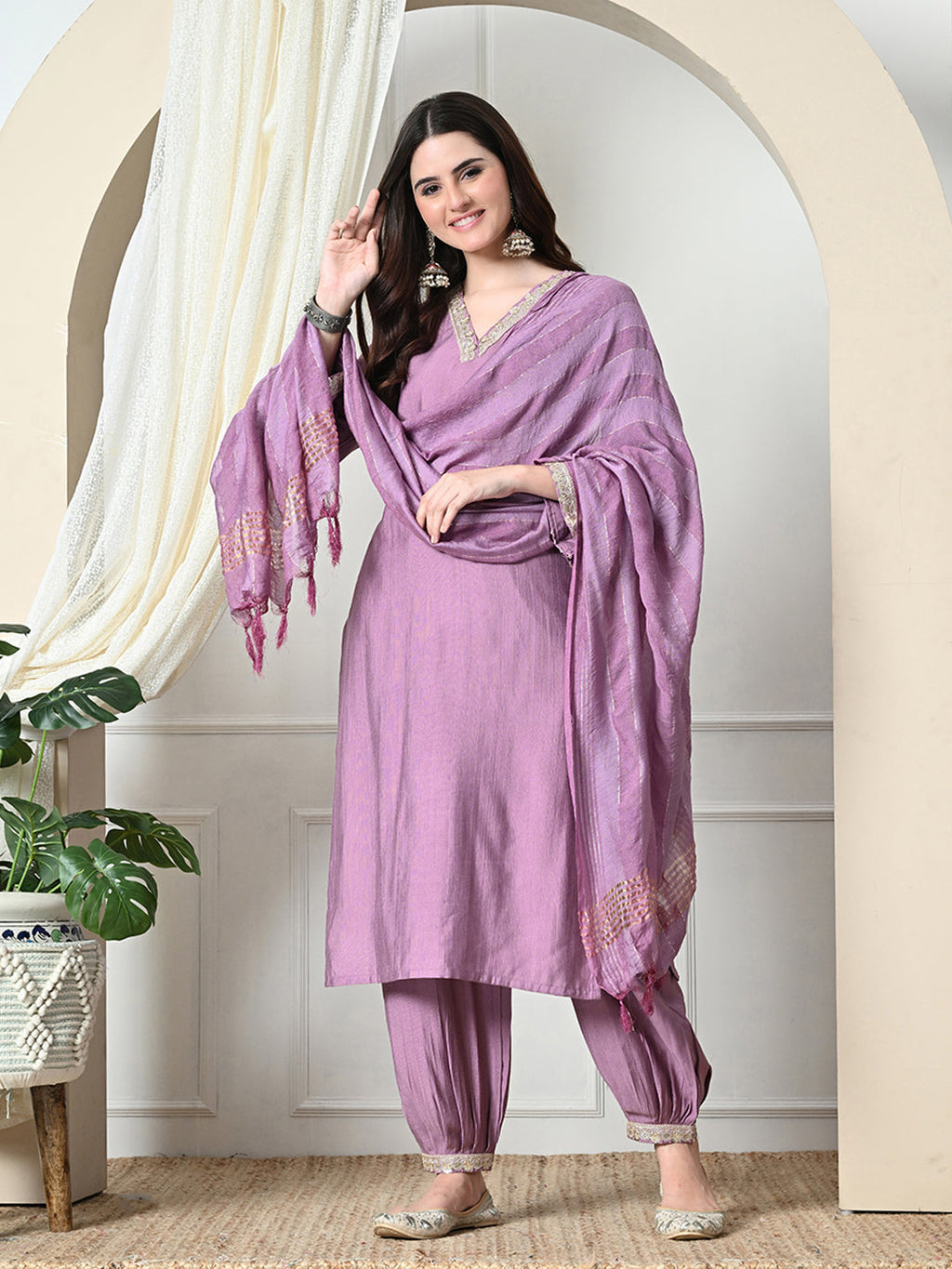 Myshka Women's Embroidered V-Neck Bell Sleeves Kurta & Salwar With Dupatta Sets in Lavender Color | Grocsy