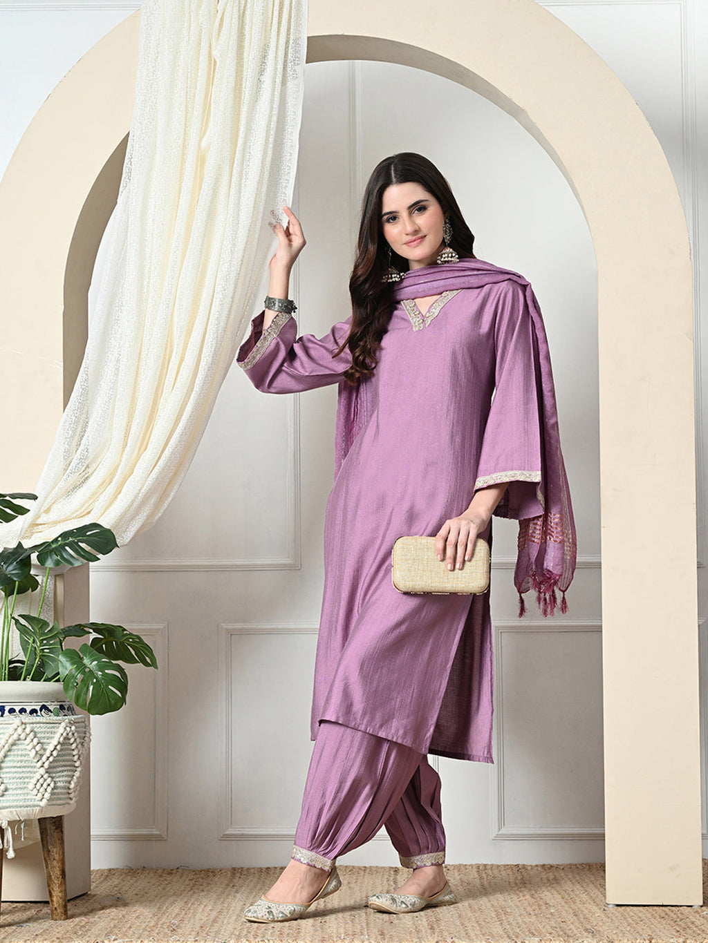 Myshka Women's Embroidered V-Neck Bell Sleeves Kurta & Salwar With Dupatta Sets in Lavender Color | Grocsy