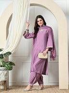Myshka Women's Embroidered V-Neck Bell Sleeves Kurta & Salwar With Dupatta Sets in Lavender Color | Grocsy