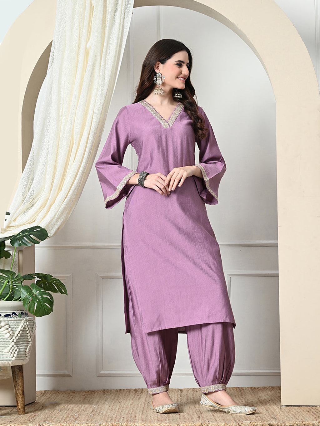 Myshka Women's Embroidered V-Neck Bell Sleeves Kurta & Salwar With Dupatta Sets in Lavender Color | Grocsy