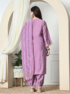 Myshka Women's Embroidered V-Neck Bell Sleeves Kurta & Salwar With Dupatta Sets in Lavender Color | Grocsy