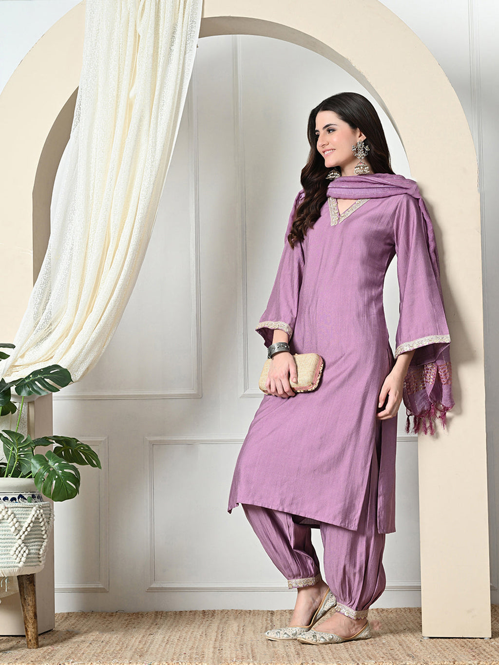 Myshka Women's Embroidered V-Neck Bell Sleeves Kurta & Salwar With Dupatta Sets in Lavender Color | Grocsy