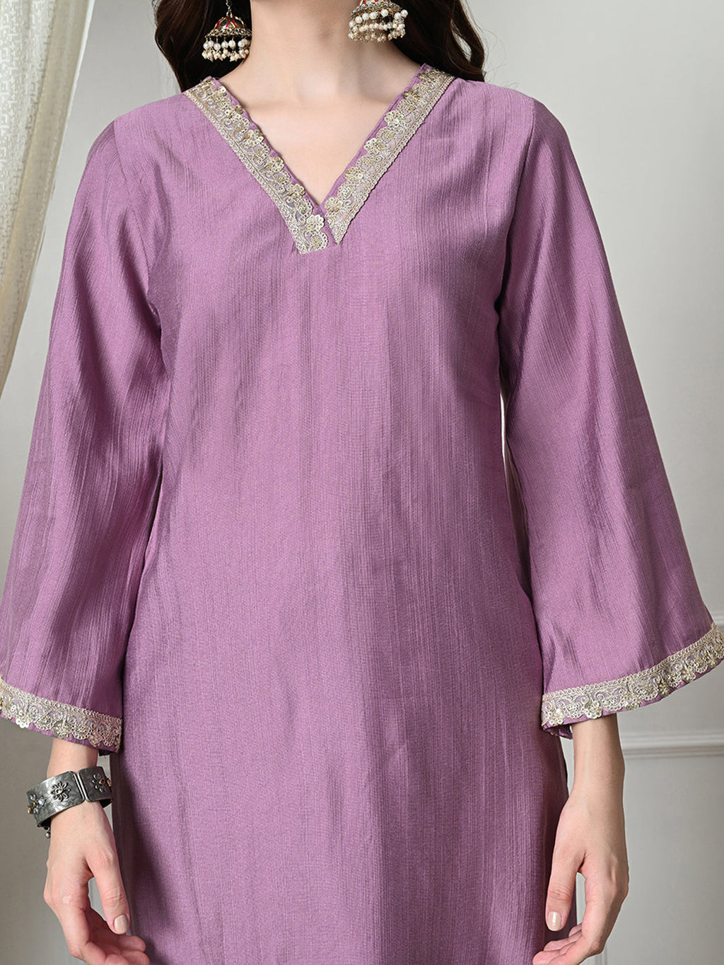 Myshka Women's Embroidered V-Neck Bell Sleeves Kurta & Salwar With Dupatta Sets in Lavender Color | Grocsy
