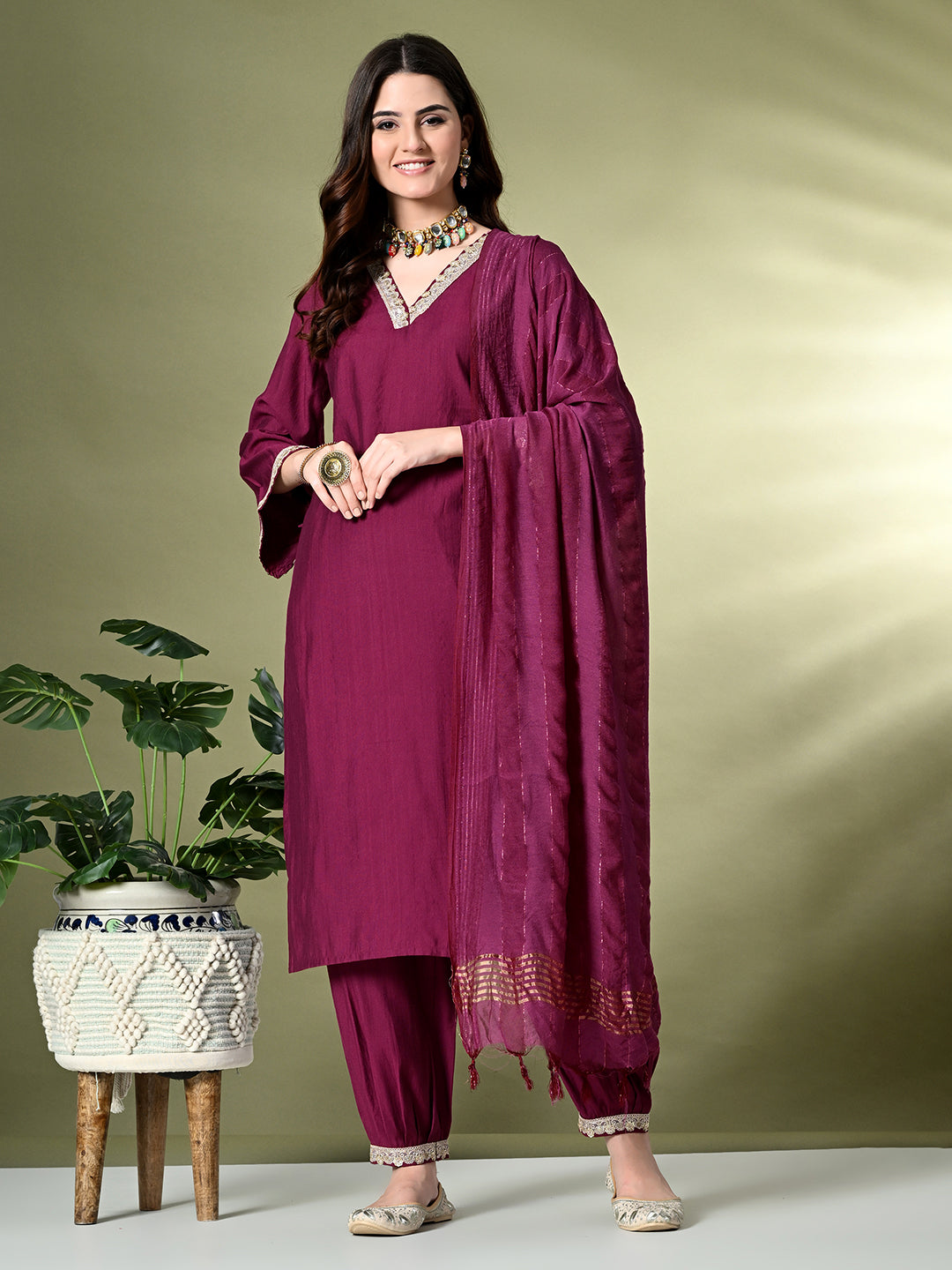 Myshka Women's Embroidered V-Neck Bell Sleeves Kurta & Salwar With Dupatta Sets in Magenta Color | Grocsy