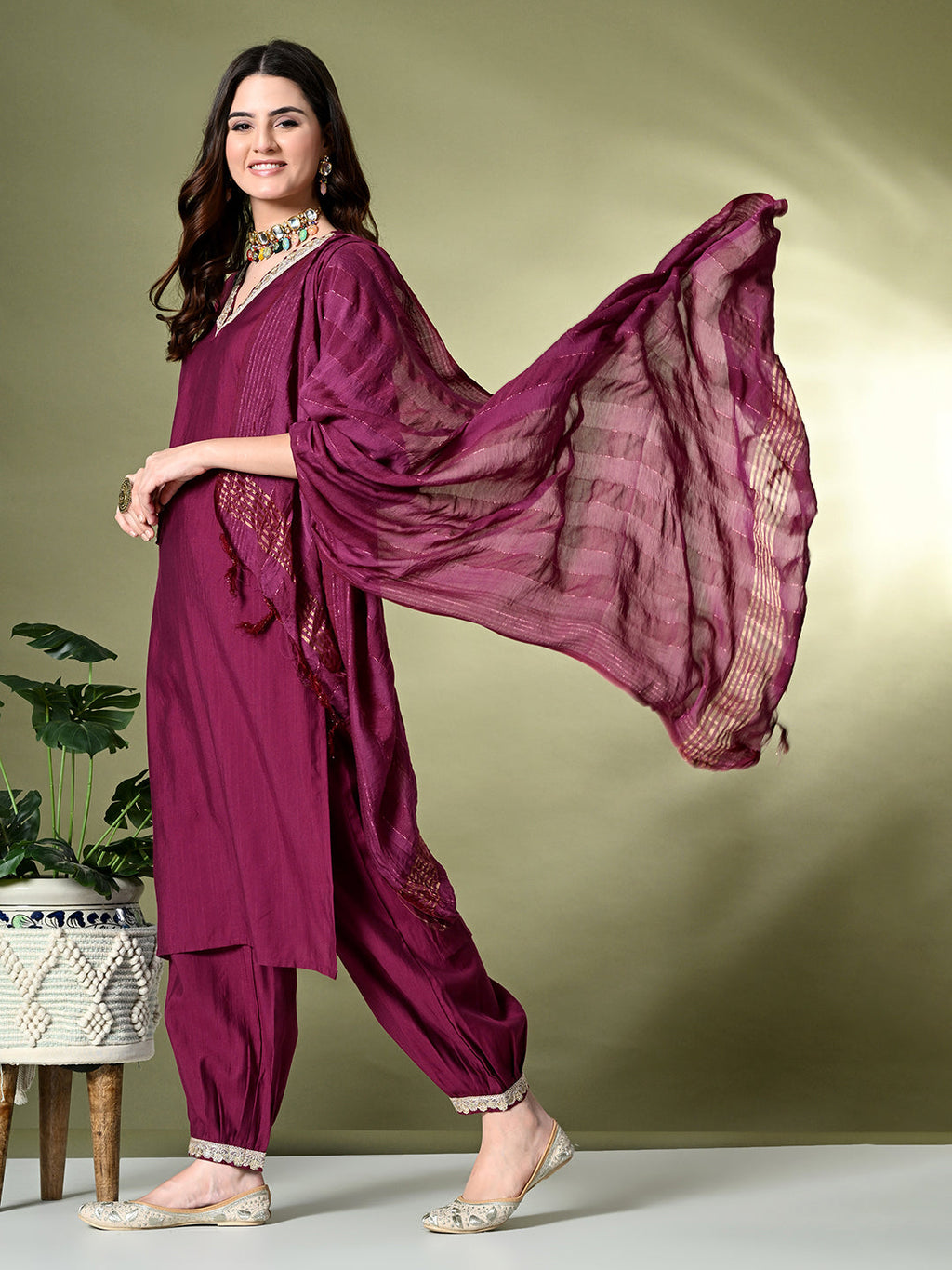 Myshka Women's Embroidered V-Neck Bell Sleeves Kurta & Salwar With Dupatta Sets in Magenta Color | Grocsy