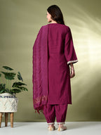Myshka Women's Embroidered V-Neck Bell Sleeves Kurta & Salwar With Dupatta Sets in Magenta Color | Grocsy