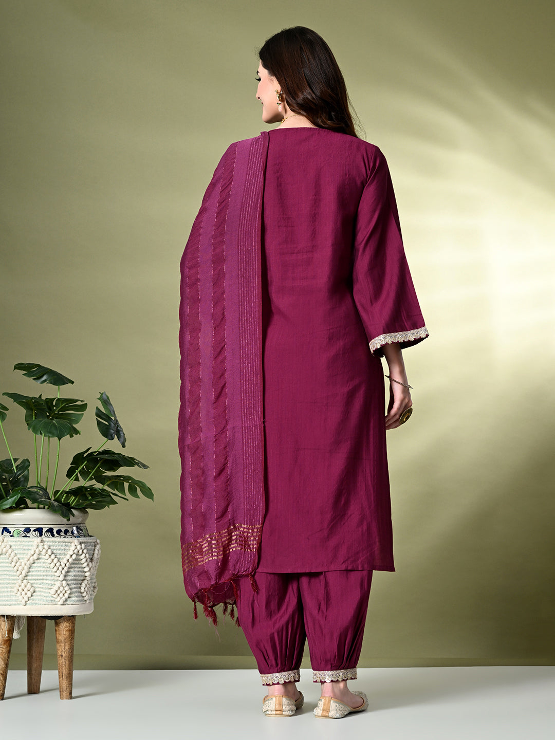 Myshka Women's Embroidered V-Neck Bell Sleeves Kurta & Salwar With Dupatta Sets in Magenta Color | Grocsy