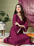 Myshka Women's Embroidered V-Neck Bell Sleeves Kurta & Salwar With Dupatta Sets in Magenta Color | Grocsy