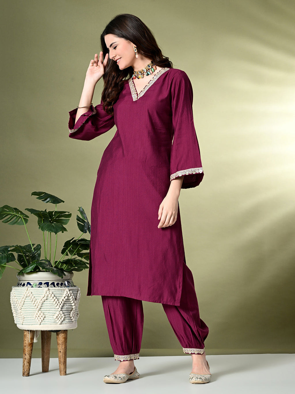 Myshka Women's Embroidered V-Neck Bell Sleeves Kurta & Salwar With Dupatta Sets in Magenta Color | Grocsy