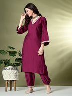 Myshka Women's Embroidered V-Neck Bell Sleeves Kurta & Salwar With Dupatta Sets in Magenta Color | Grocsy
