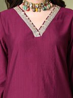 Myshka Women's Embroidered V-Neck Bell Sleeves Kurta & Salwar With Dupatta Sets in Magenta Color | Grocsy