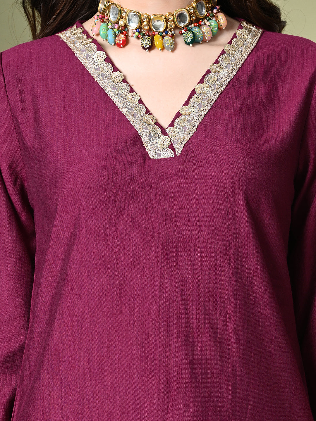 Myshka Women's Embroidered V-Neck Bell Sleeves Kurta & Salwar With Dupatta Sets in Magenta Color | Grocsy