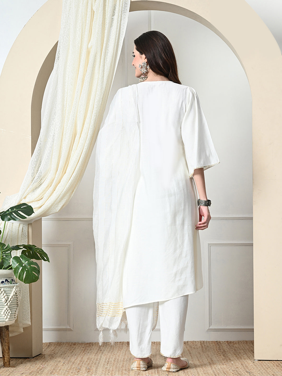 Myshka Women's Embroidered V-Neck Bell Sleeves Kurta & Dhoti Pants With Dupatta Sets in White Color | Grocsy