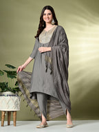 Myshka Women's Embroidered V-Neck Bell Sleeves Kurta & Dhoti Pants With Dupatta Sets in Grey Color | Grocsy