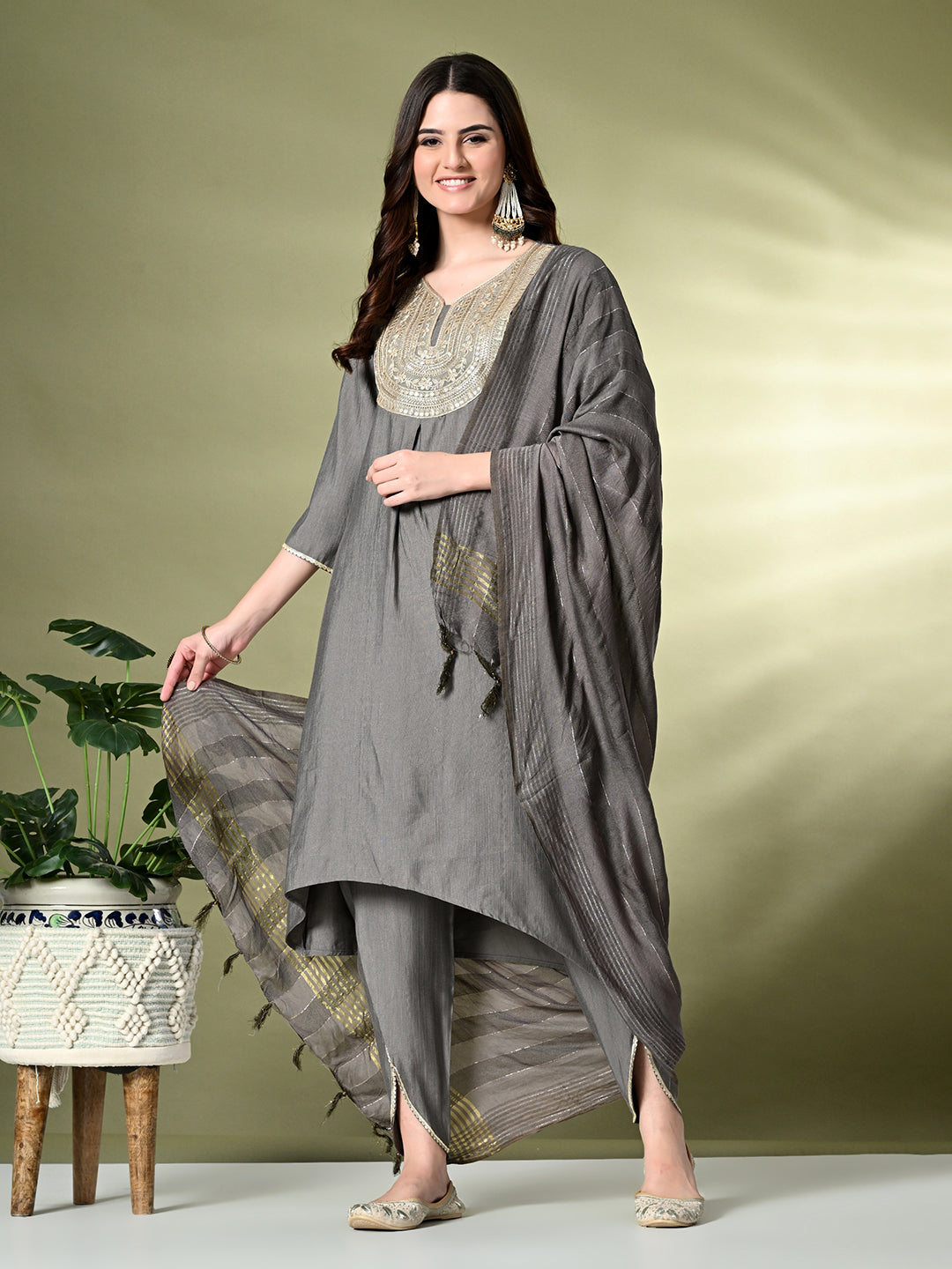 Myshka Women's Embroidered V-Neck Bell Sleeves Kurta & Dhoti Pants With Dupatta Sets in Grey Color | Grocsy