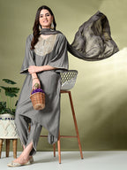 Myshka Women's Embroidered V-Neck Bell Sleeves Kurta & Dhoti Pants With Dupatta Sets in Grey Color | Grocsy